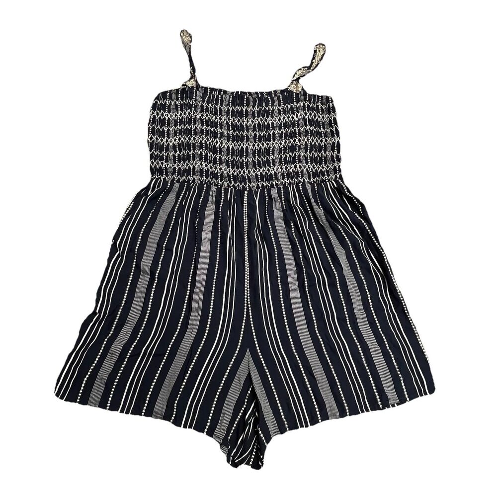 Boho Spaghetti Strap Romper Smocked XL Pockets Blue & White Festival Vacation